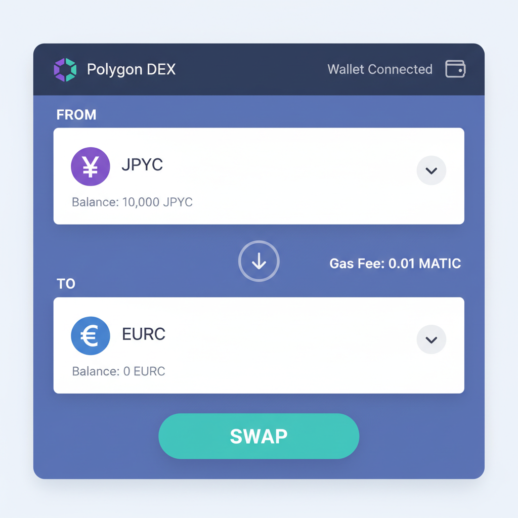 exchange interface swapping JPYC stablecoin to EURC on Polygon DEX